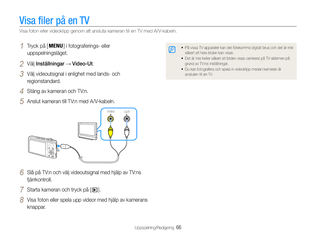 Samsung EC-PL200ZBPBE2, EC-PL200ZBPSE2 Visa filer på en TV, Tryck på Fotograferings- eller, Välj Inställningar → Video-Ut 