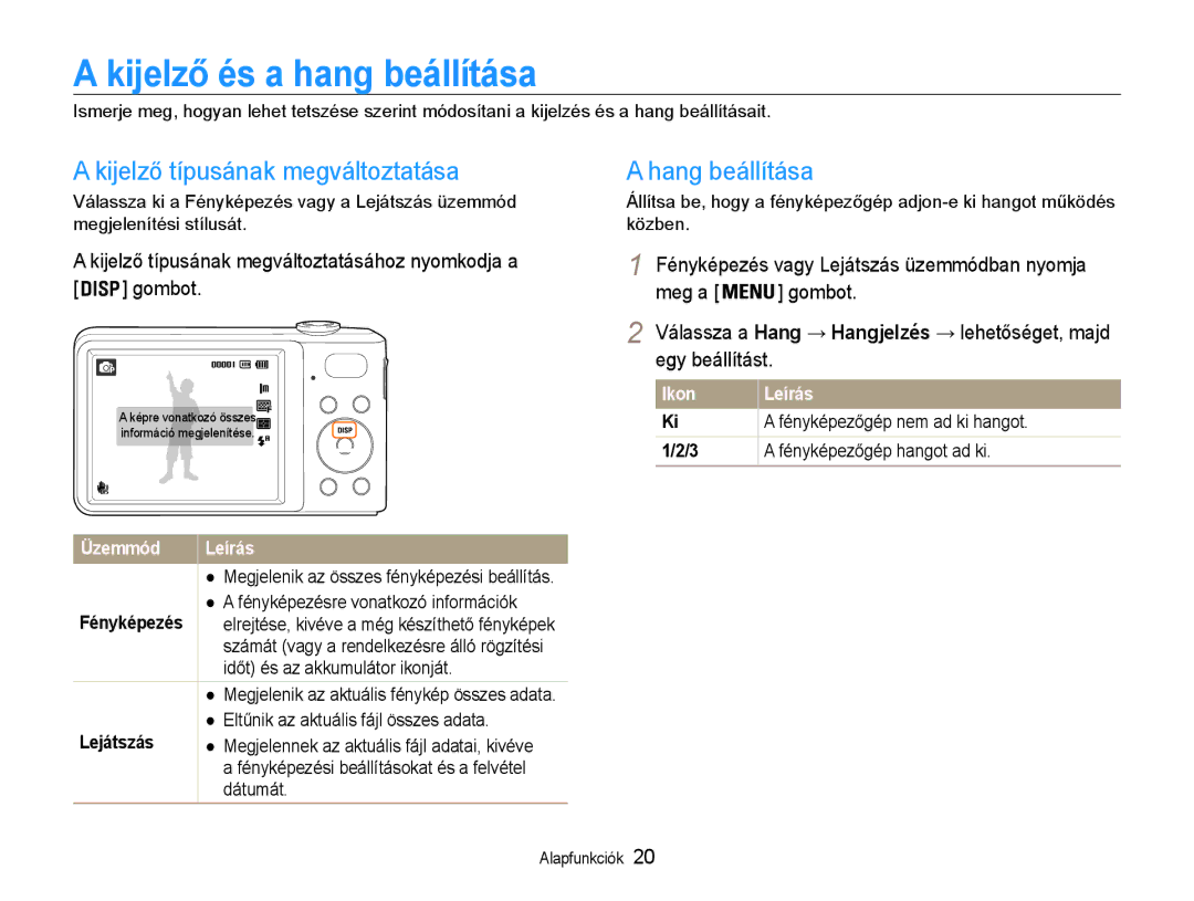 Samsung EC-PL200ZBPSE3, EC-PL200ZBPSIT Kijelző és a hang beállítása, Kijelző típusának megváltoztatása, Hang beállítása 