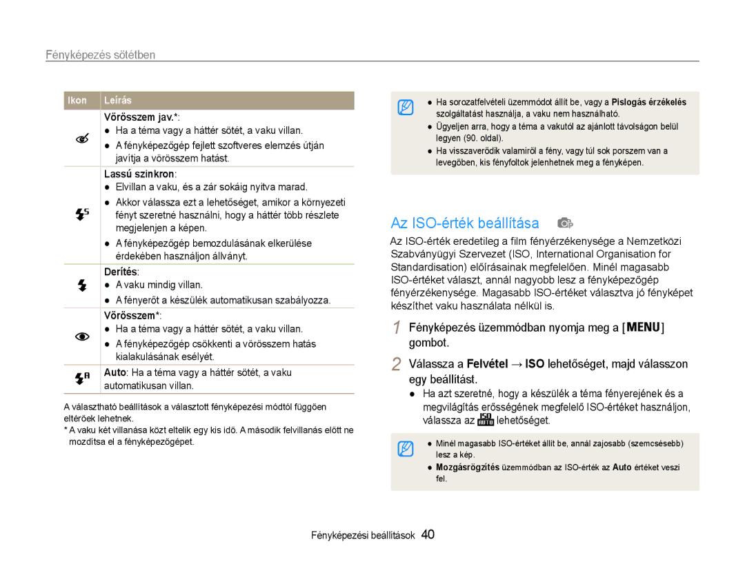 Samsung EC-PL200ZBPRE2, EC-PL200ZBPSIT, EC-PL200ZBPRE3 manual Az ISO-érték beállítása, Lassú szinkron, Derítés, Vörösszem 