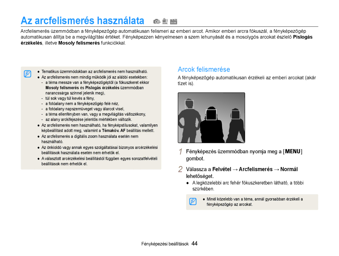 Samsung EC-PL200ZBPSE3, EC-PL200ZBPSIT, EC-PL200ZBPRE3, EC-PL200ZBPBE3 manual Az arcfelismerés használata, Arcok felismerése 