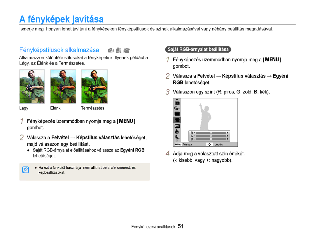 Samsung EC-PL200ZBPBE2, EC-PL200ZBPSIT manual Fényképek javítása, Fényképstílusok alkalmazása, Gombot, RGB lehetőséget 