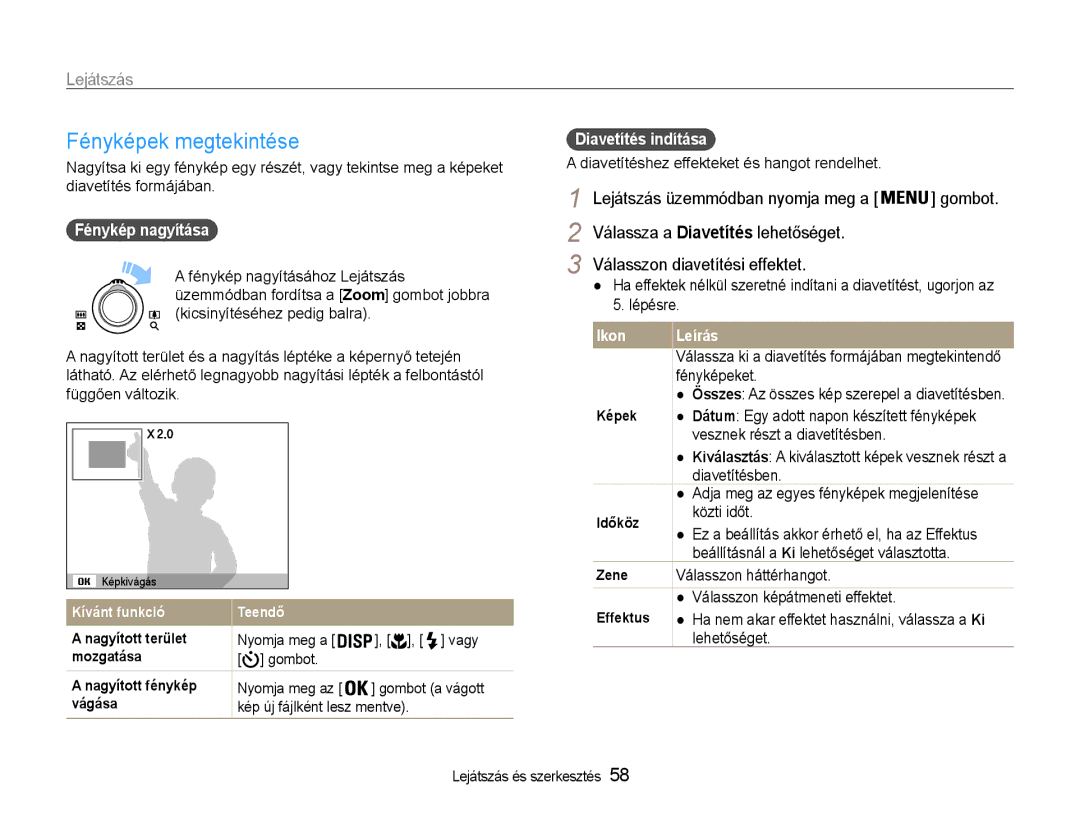 Samsung EC-PL200ZBPRE2, EC-PL200ZBPSIT, EC-PL200ZBPRE3 manual Fényképek megtekintése, Fénykép nagyítása, Diavetítés indítása 