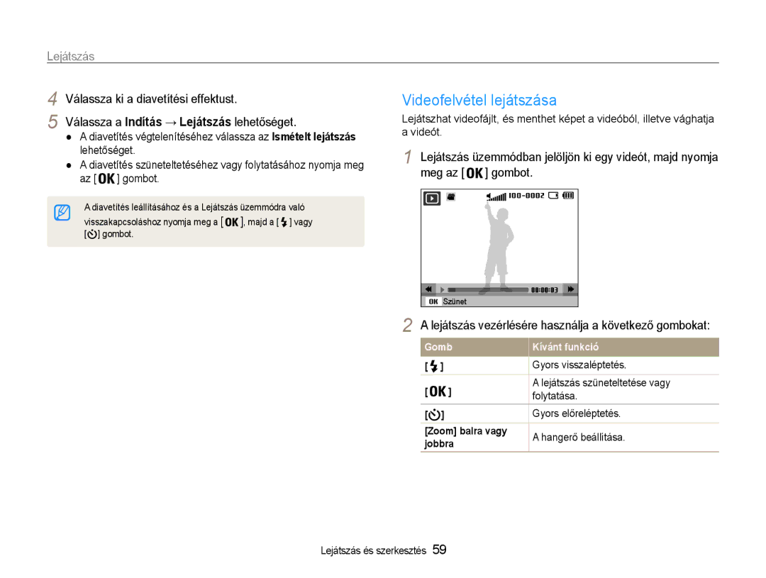 Samsung EC-PL200ZBPSIT, EC-PL200ZBPRE3 manual Videofelvétel lejátszása, Lejátszás vezérlésére használja a következő gombokat 