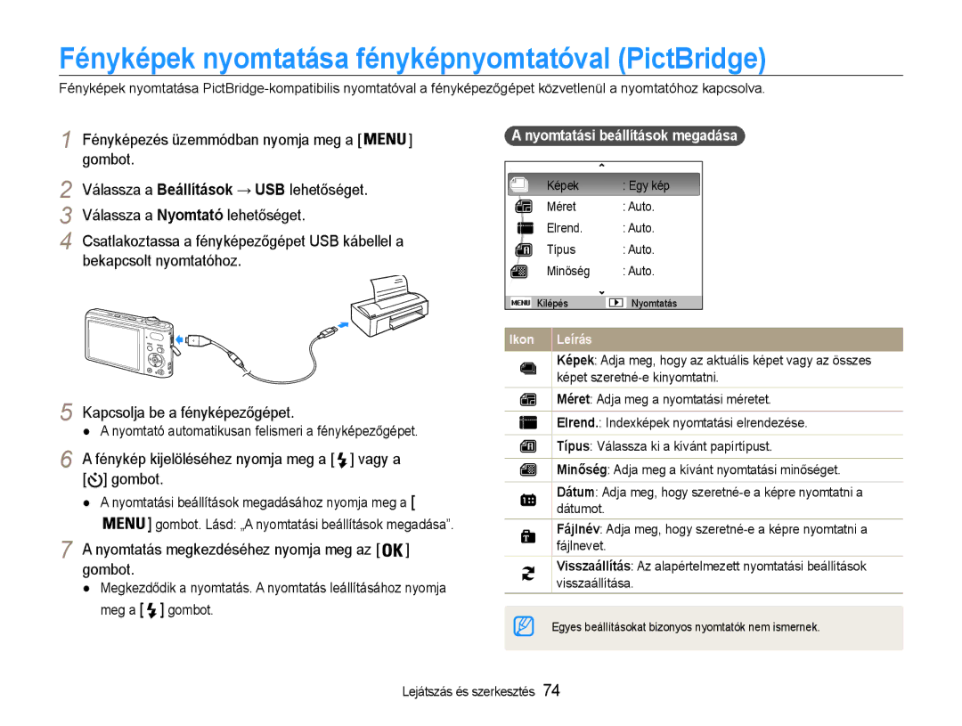 Samsung EC-PL200ZBPSE3 Fényképek nyomtatása fényképnyomtatóval PictBridge, Nyomtatás megkezdéséhez nyomja meg az gombot 