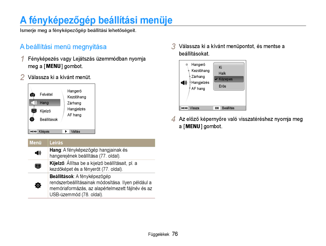 Samsung EC-PL200ZBPRE2, EC-PL200ZBPSIT manual Fényképezőgép beállítási menüje, Beállítási menü megnyitása, Menü Leírás 