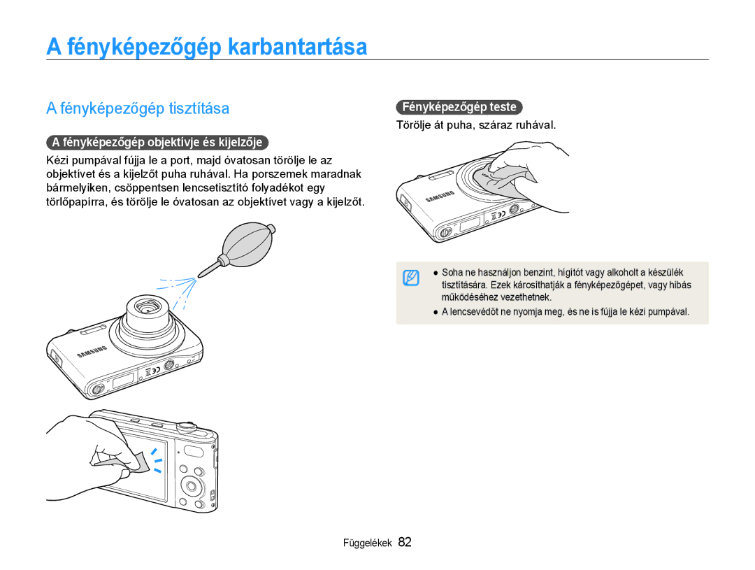 Samsung EC-PL200ZBPRE2 manual Fényképezőgép karbantartása, Fényképezőgép tisztítása, Fényképezőgép objektívje és kijelzője 