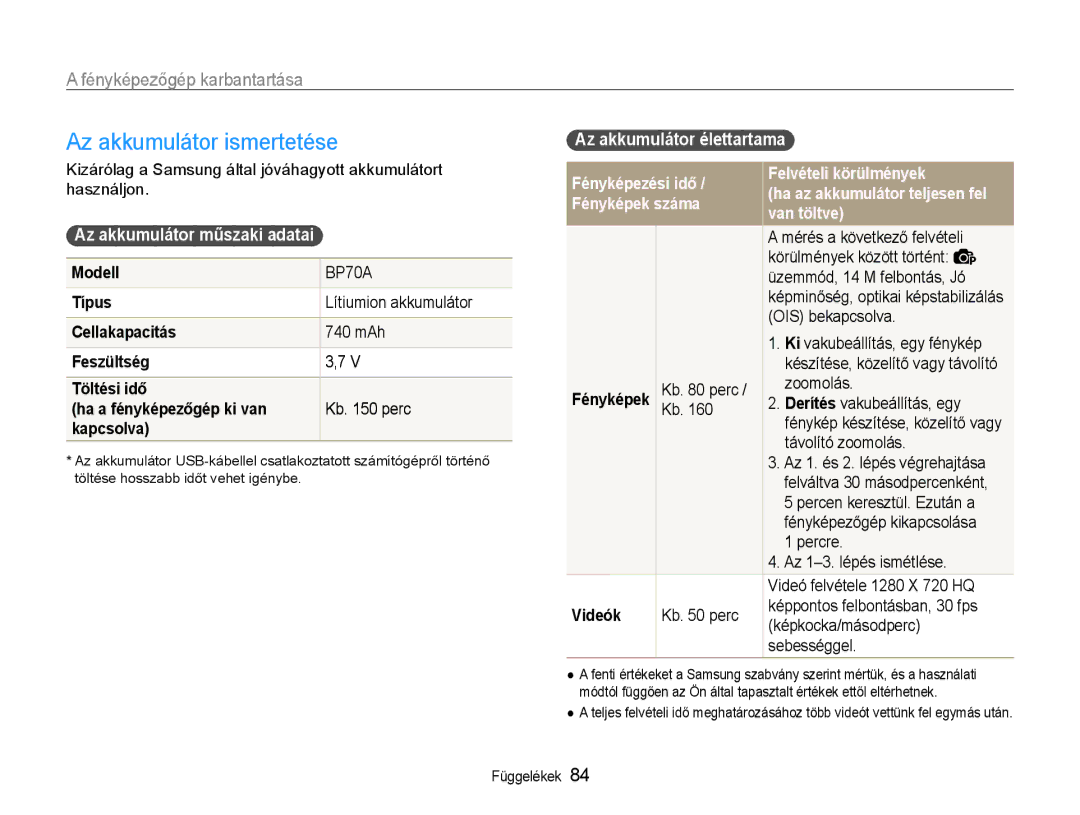 Samsung EC-PL200ZBPRE3 manual Az akkumulátor ismertetése, Az akkumulátor műszaki adatai, Az akkumulátor élettartama 