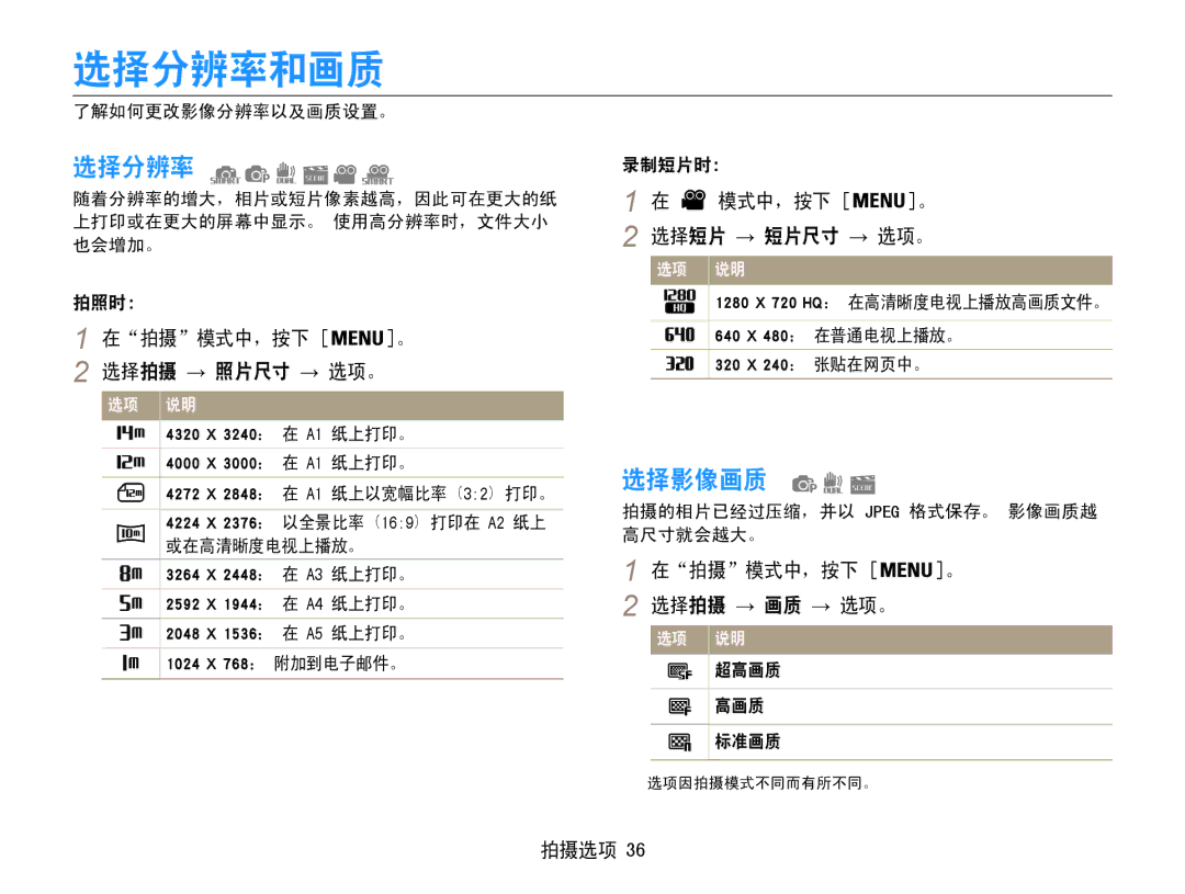 Samsung EC-PL200ZBPRE3, EC-PL200ZBPSIT, EC-PL200ZBPBE3, EC-PL200ZBPSE3, EC-PL200ZBPBE2, EC-PL200ZBPRE2 manual 选择分辨率和画质, 选择影像画质 