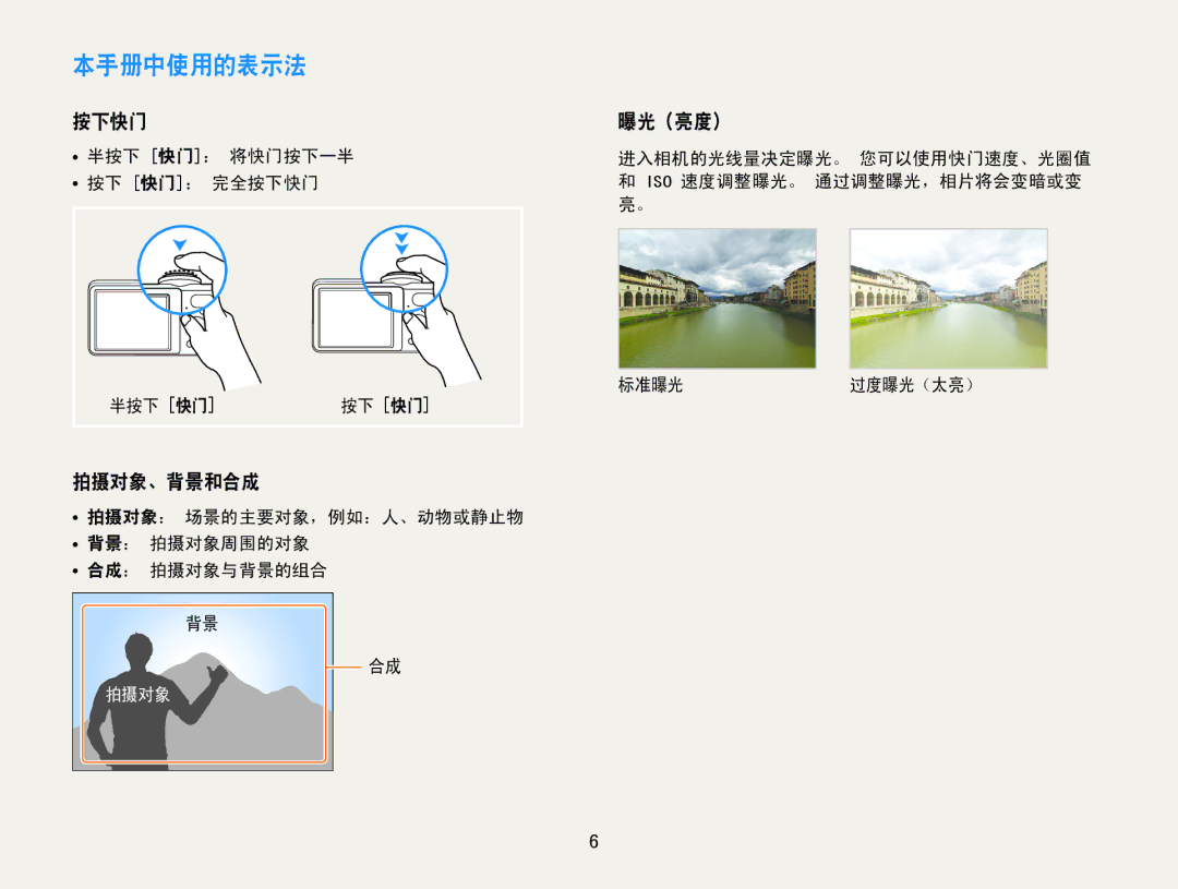 Samsung EC-PL200ZBPRE3, EC-PL200ZBPSIT, EC-PL200ZBPBE3, EC-PL200ZBPSE3, EC-PL200ZBPBE2 本手册中使用的表示法, 按下快门, 拍摄对象、背景和合成, 曝光（亮度） 