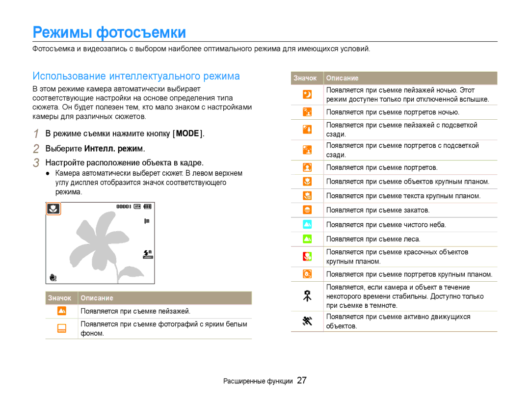 Samsung EC-PL200ZBPRRU, EC-PL200ZBPSRU Режимы фотосъемки, Использование интеллектуального режима, Выберите Интелл. режим 