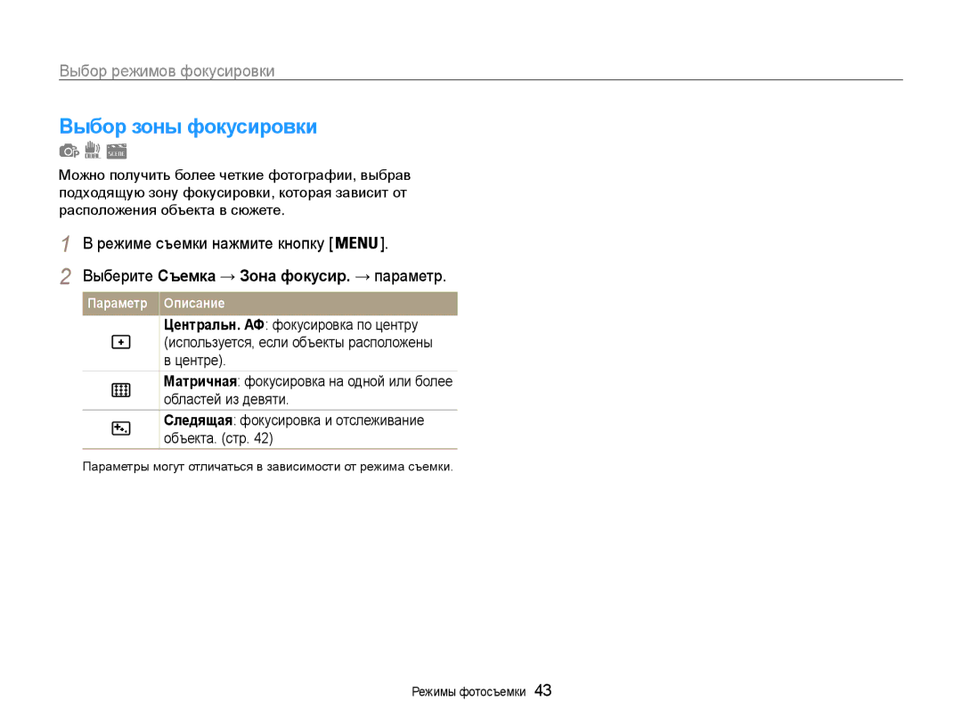 Samsung EC-PL200ZBPBRU, EC-PL200ZBPSRU, EC-PL200ZBPRRU manual Выбор зоны фокусировки 