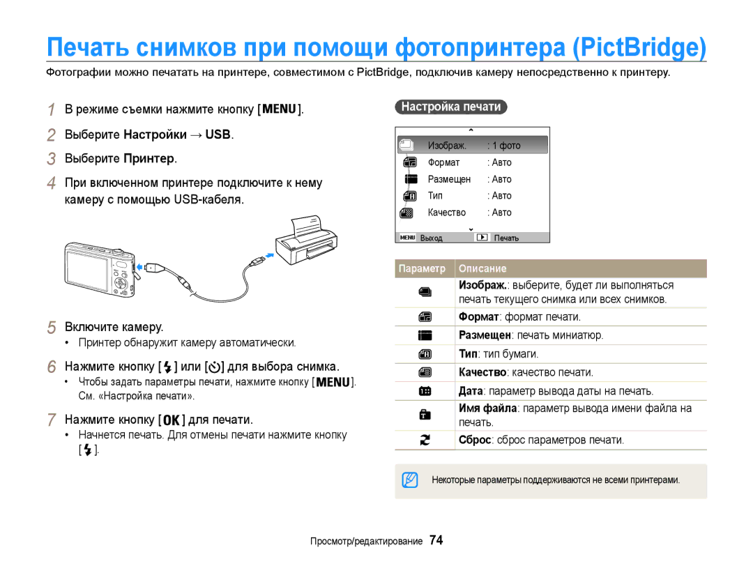 Samsung EC-PL200ZBPSRU manual Выберите Настройки → USB, Нажмите кнопку или для выбора снимка, Нажмите кнопку для печати 