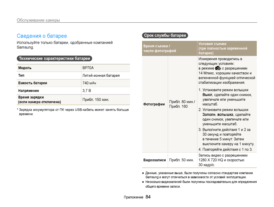 Samsung EC-PL200ZBPRRU, EC-PL200ZBPSRU manual Сведения о батарее, Срок службы батареи, Технические характеристики батареи 