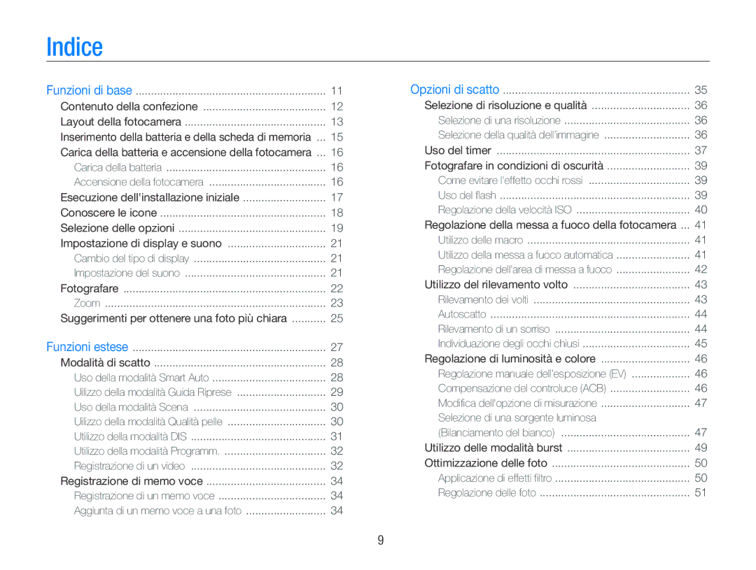 Samsung EC-PL20ZZBPSE1, EC-PL20ZZBPBE1, EC-PL20ZZBPPE1 manual Indice, Carica della batteria e accensione della fotocamera 