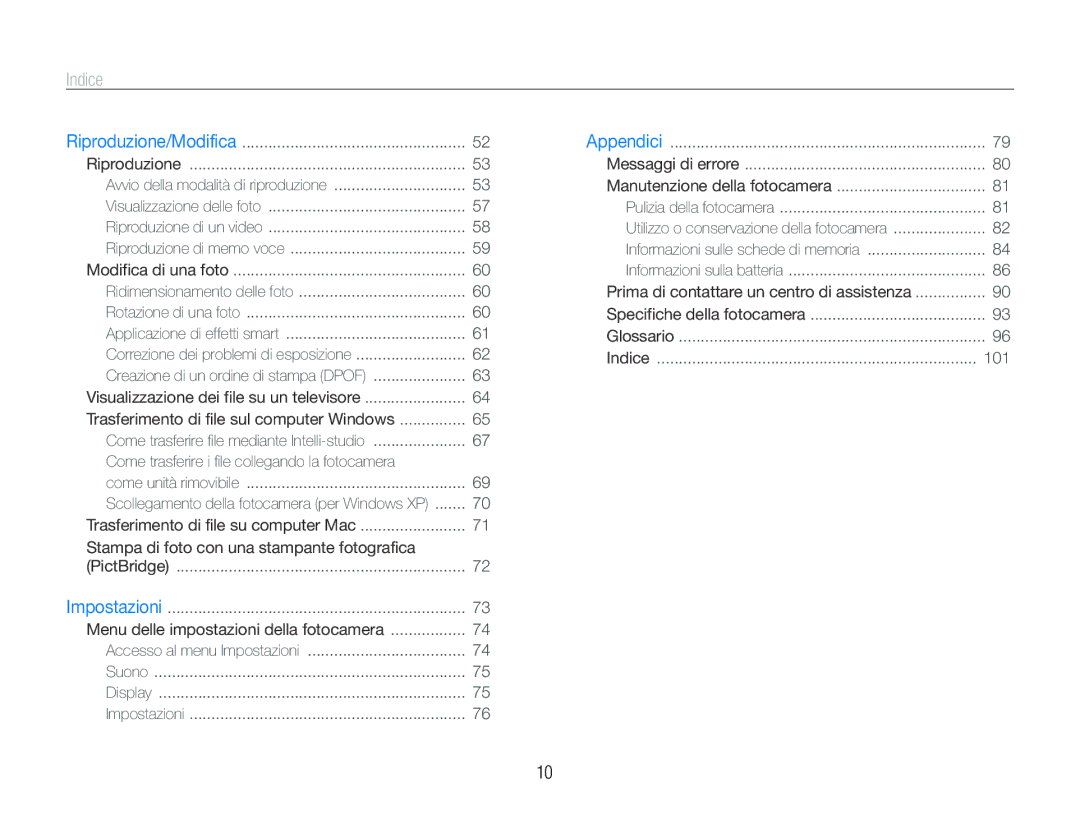 Samsung EC-PL21ZZBPSE3, EC-PL20ZZBPBE1, EC-PL20ZZBPPE1, EC-PL21ZZBPBE3 manual Indice, Menu delle impostazioni della fotocamera 