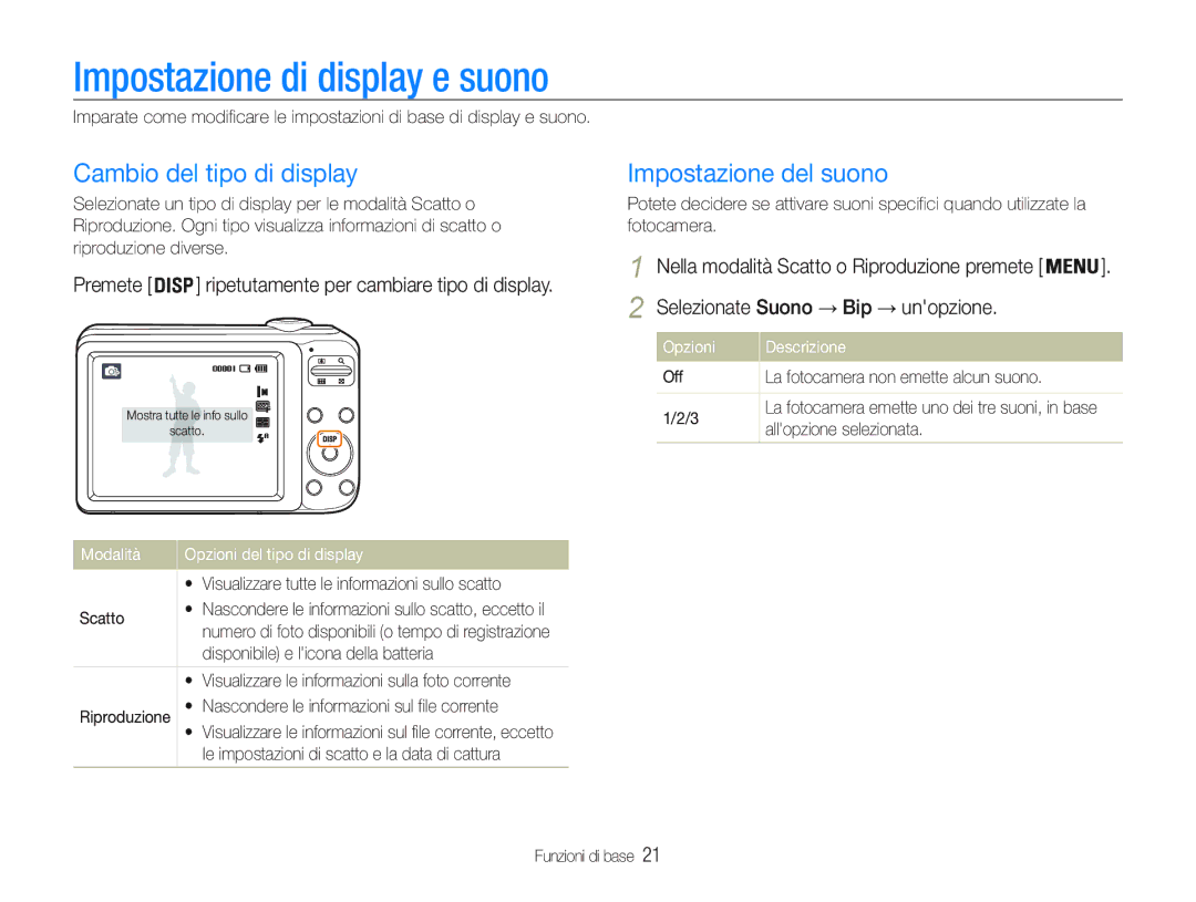 Samsung EC-PL20ZZBPSE1, EC-PL20ZZBPBE1 Impostazione di display e suono, Cambio del tipo di display, Impostazione del suono 