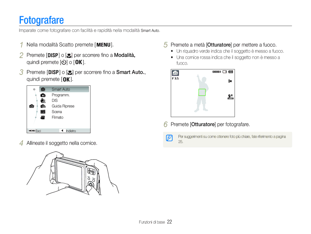 Samsung EC-PL21ZZBPSE3 manual Fotografare, Premete Otturatore per fotografare, Per scorrere fino a Smart Auto, Fuoco 