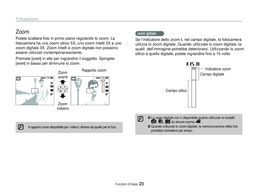 Samsung EC-PL20ZZBPBE1, EC-PL20ZZBPPE1 manual Fotografare, Zoom digitale, Indicatore zoom Campo digitale Campo ottico 
