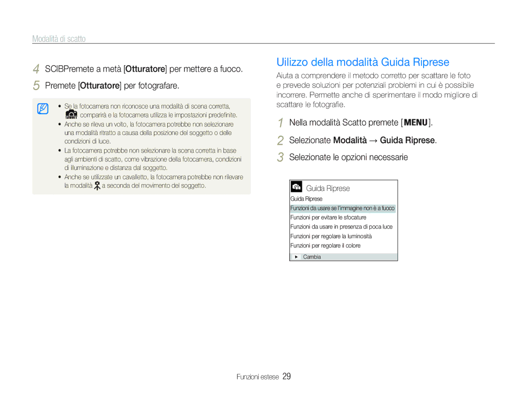 Samsung EC-PL20ZZBPBE1, EC-PL20ZZBPPE1, EC-PL21ZZBPBE3 manual Uilizzo della modalità Guida Riprese, Modalità di scatto 