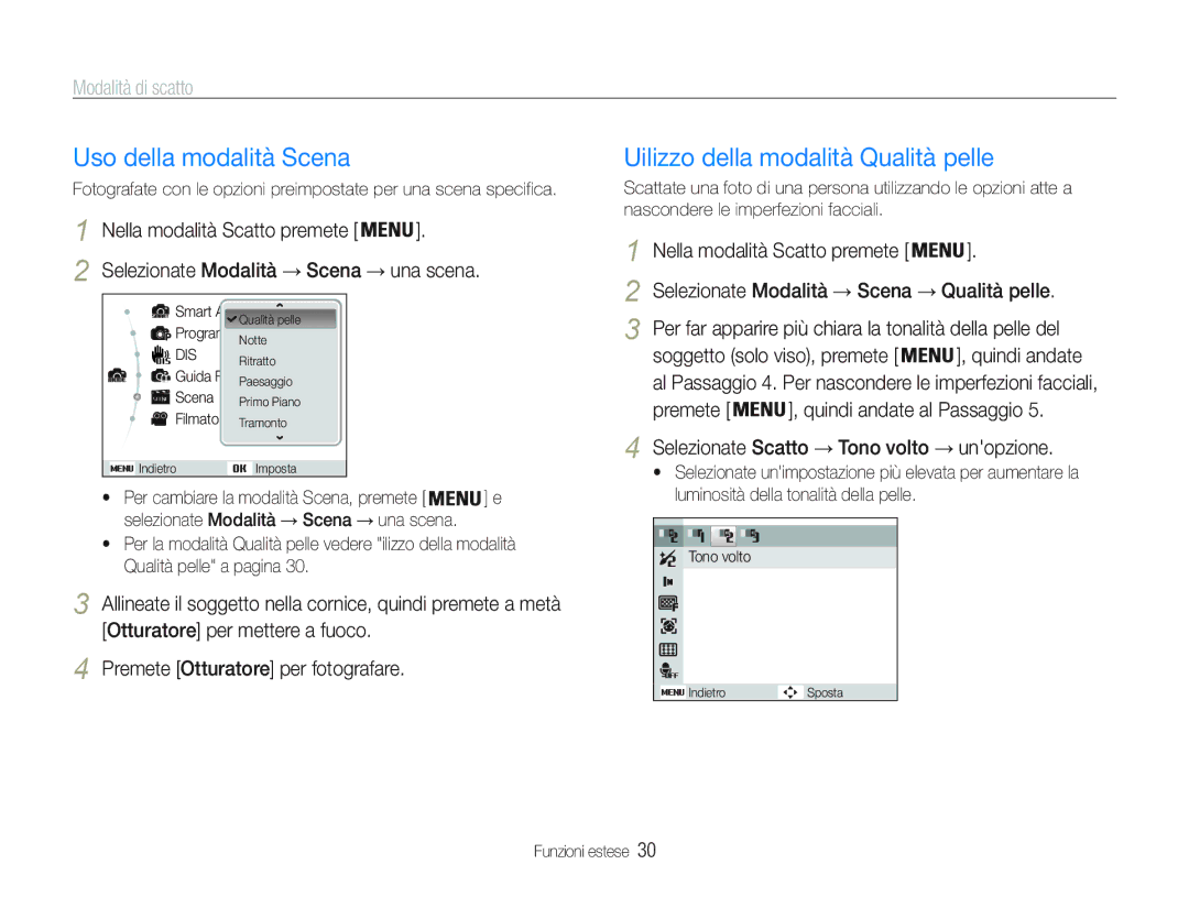 Samsung EC-PL20ZZBPPE1, EC-PL20ZZBPBE1, EC-PL21ZZBPBE3 manual Uso della modalità Scena, Uilizzo della modalità Qualità pelle 