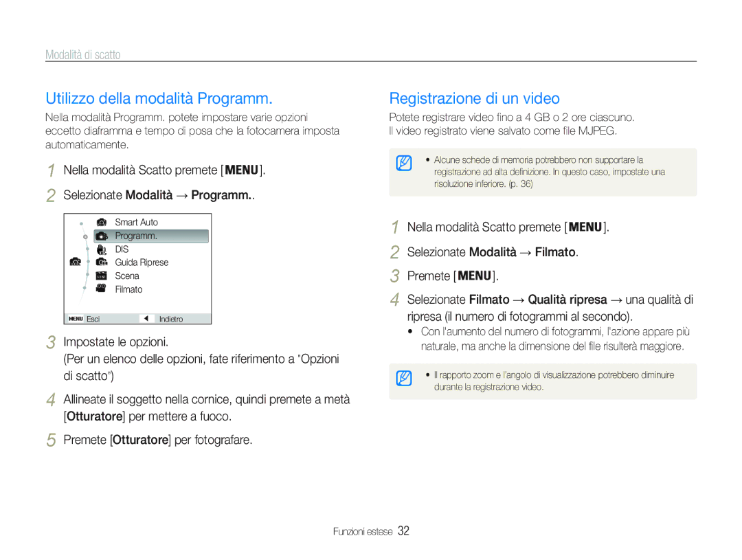 Samsung EC-PL21ZZBPPE1, EC-PL20ZZBPBE1 Utilizzo della modalità Programm, Registrazione di un video, Impostate le opzioni 