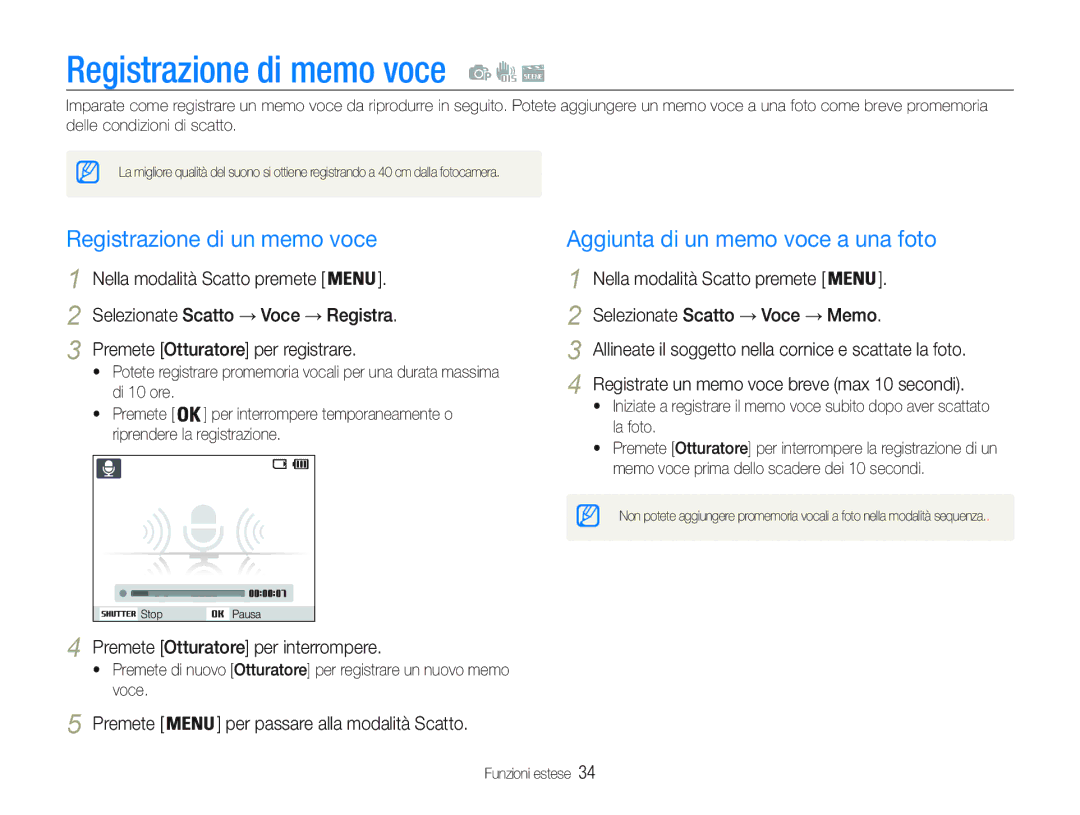 Samsung EC-PL21ZZBPSE3 Registrazione di memo voce, Registrazione di un memo voce, Aggiunta di un memo voce a una foto 