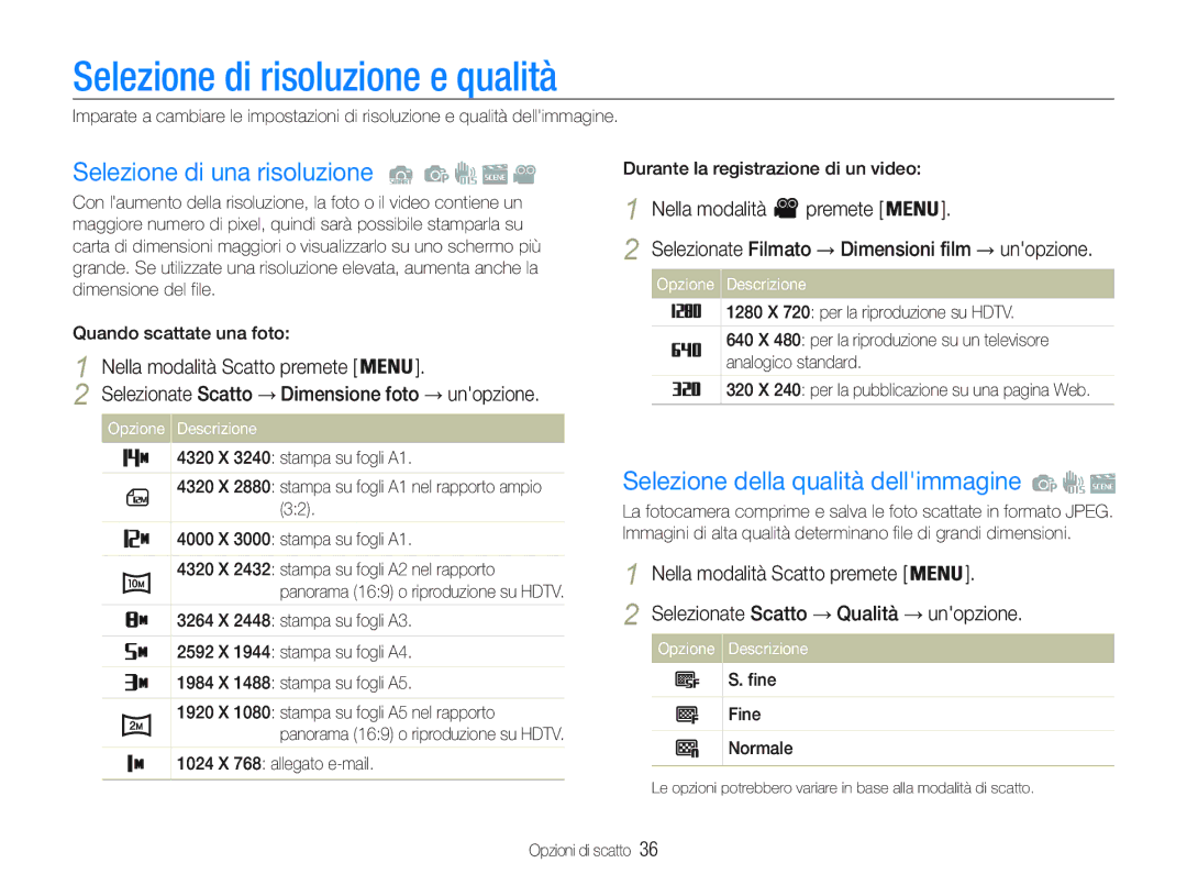 Samsung EC-PL20ZZBPPE1 manual Selezione di risoluzione e qualità, Selezione di una risoluzione, Selezionate Scatto Qualità 