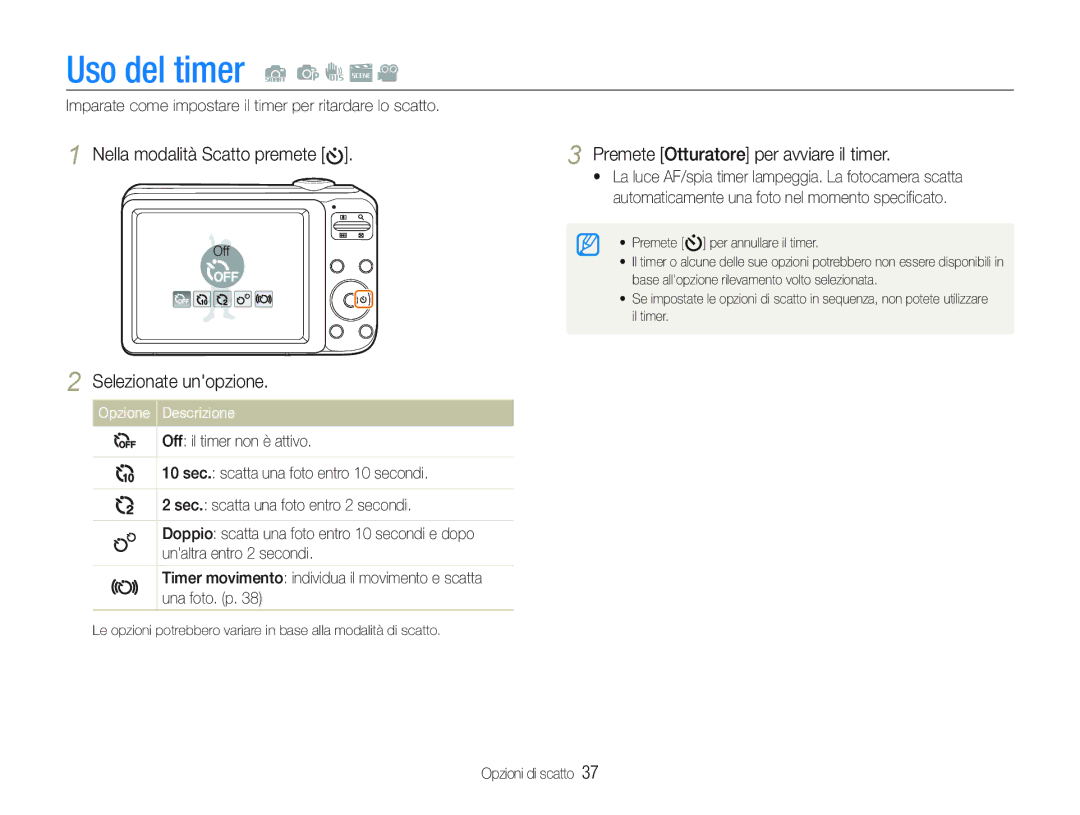 Samsung EC-PL21ZZBPBE3, EC-PL20ZZBPBE1 manual Uso del timer, Selezionate unopzione, Premete Otturatore per avviare il timer 