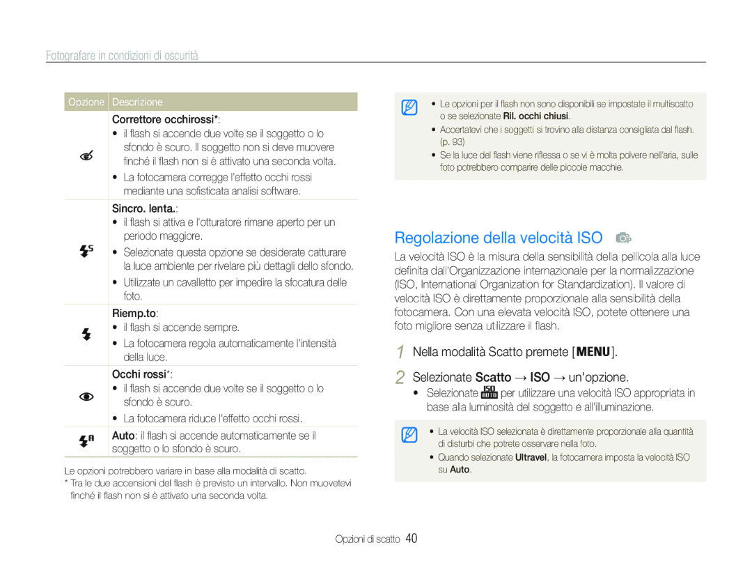 Samsung EC-PL21ZZBPSE3 manual Regolazione della velocità ISO, Fotografare in condizioni di oscurità, Correttore occhirossi 