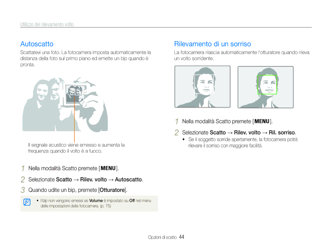 Samsung EC-PL21ZZBPPE1, EC-PL20ZZBPBE1 manual Autoscatto, Rilevamento di un sorriso, Utilizzo del rilevamento volto 