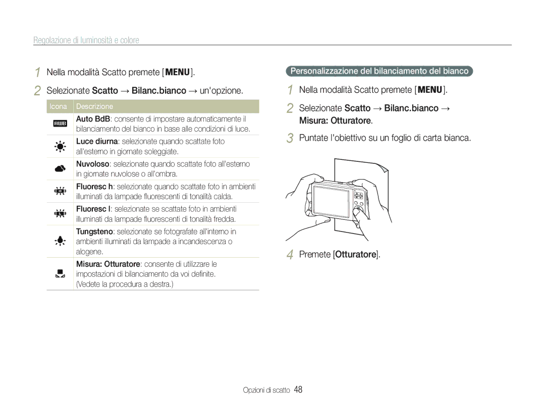 Samsung EC-PL20ZZBPPE1, EC-PL20ZZBPBE1, EC-PL21ZZBPBE3 Personalizzazione del bilanciamento del bianco, Icona Descrizione 