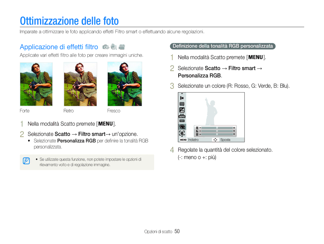 Samsung EC-PL21ZZBPPE1, EC-PL20ZZBPBE1 manual Ottimizzazione delle foto, Applicazione di effetti filtro, Forte Retro 