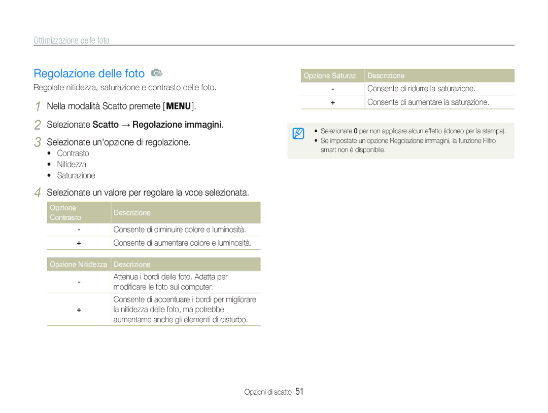 Samsung EC-PL20ZZBPSE1, EC-PL20ZZBPBE1 Regolazione delle foto, Ottimizzazione delle foto, Contrasto Nitidezza Saturazione 