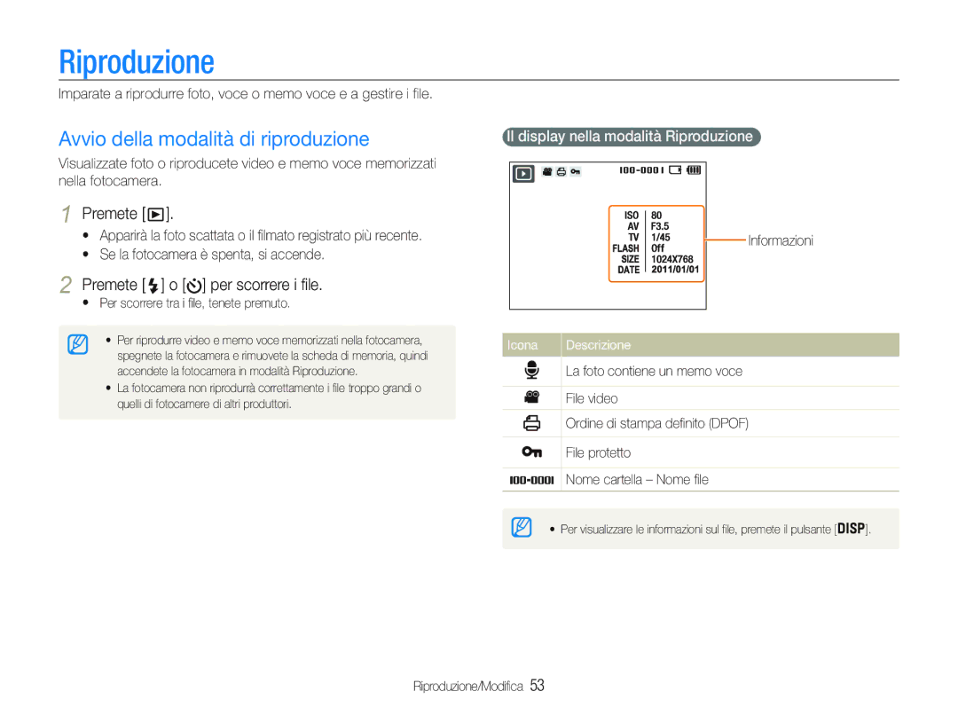 Samsung EC-PL20ZZBPBE1, EC-PL20ZZBPPE1 Riproduzione, Avvio della modalità di riproduzione, Premete o per scorrere i file 