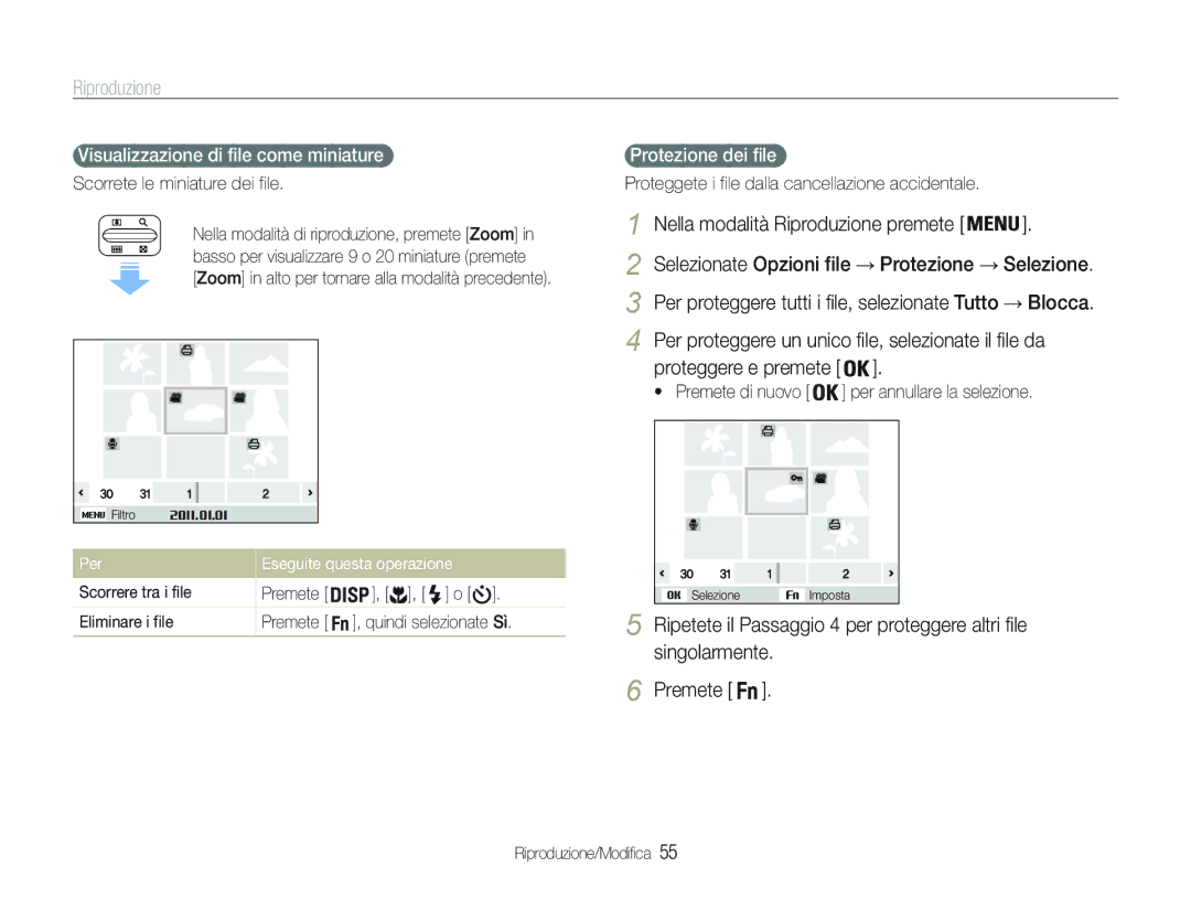Samsung EC-PL21ZZBPBE3 Nella modalità Riproduzione premete, Protezione, Blocca, Visualizzazione di file come miniature 
