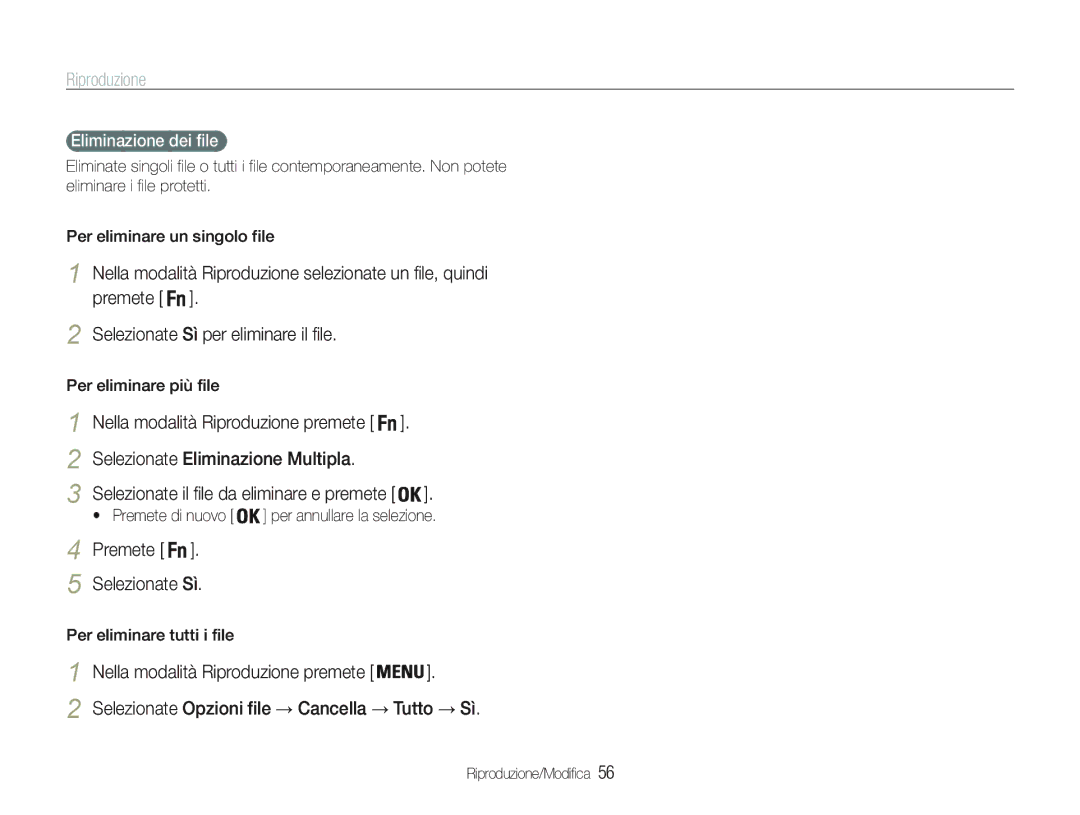 Samsung EC-PL21ZZBPPE1 manual Selezionate Eliminazione Multipla, Premete Selezionate Sì, Selezionate Opzioni file Cancella 