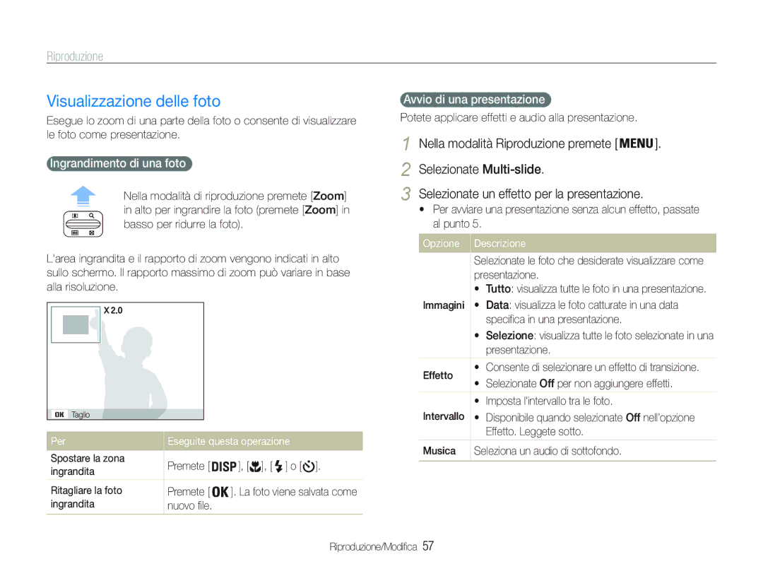 Samsung EC-PL20ZZBPSE1 manual Visualizzazione delle foto, Nella modalità Riproduzione premete Selezionate Multi-slide 