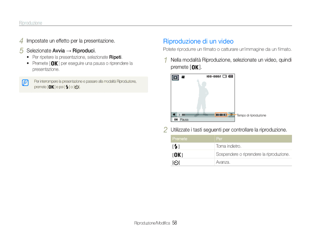 Samsung EC-PL21ZZBPSE3 Riproduzione di un video, Impostate un effetto per la presentazione Selezionate Avvia, Premete Per 