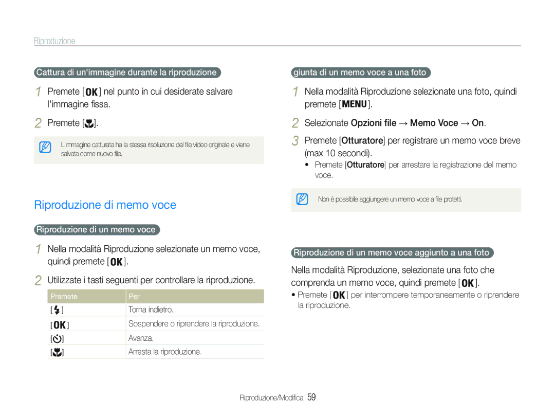 Samsung EC-PL20ZZBPBE1 manual Riproduzione di memo voce, Premete nel punto in cui desiderate salvare limmagine fissa 