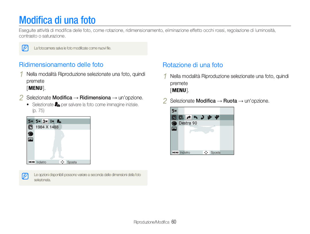 Samsung EC-PL20ZZBPPE1, EC-PL20ZZBPBE1 manual Modifica di una foto, Ridimensionamento delle foto, Rotazione di una foto 
