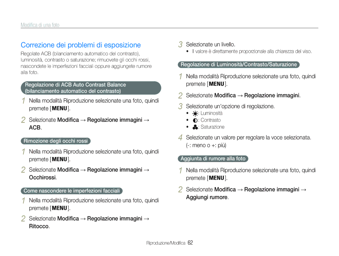 Samsung EC-PL21ZZBPPE1 manual Correzione dei problemi di esposizione, Premete Selezionate Modifica Regolazione immagini 