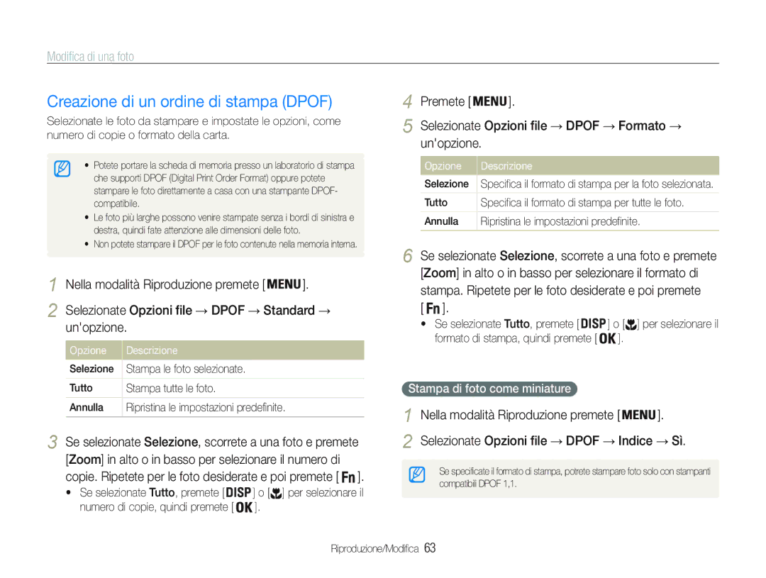 Samsung EC-PL20ZZBPSE1, EC-PL20ZZBPBE1 Creazione di un ordine di stampa Dpof, Premete Selezionate Opzioni file, Formato 