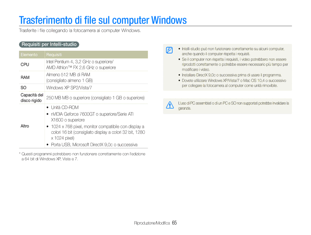 Samsung EC-PL20ZZBPBE1 manual Trasferimento di file sul computer Windows, Requisiti per Intelli-studio, Elemento Requisiti 