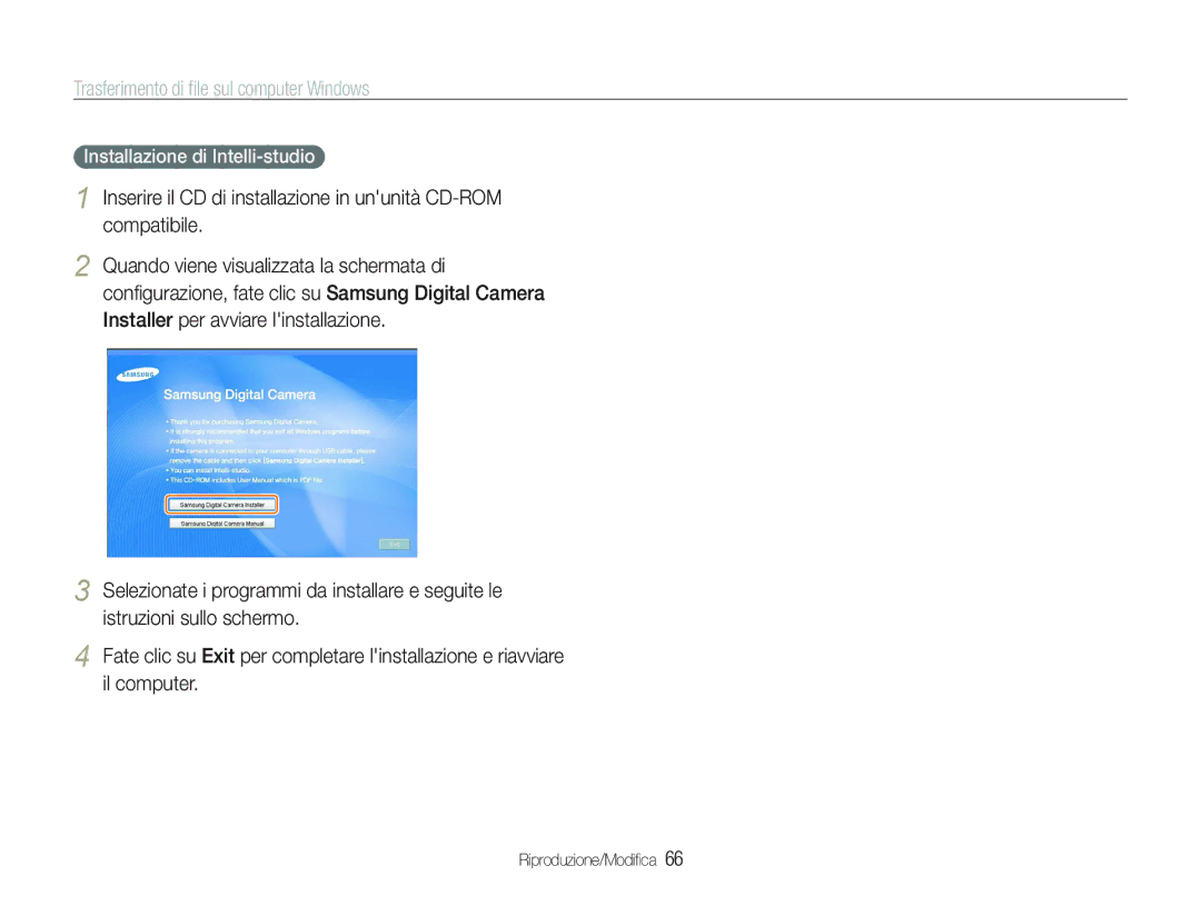 Samsung EC-PL20ZZBPPE1, EC-PL20ZZBPBE1 manual Trasferimento di ﬁle sul computer Windows, Installazione di Intelli-studio 