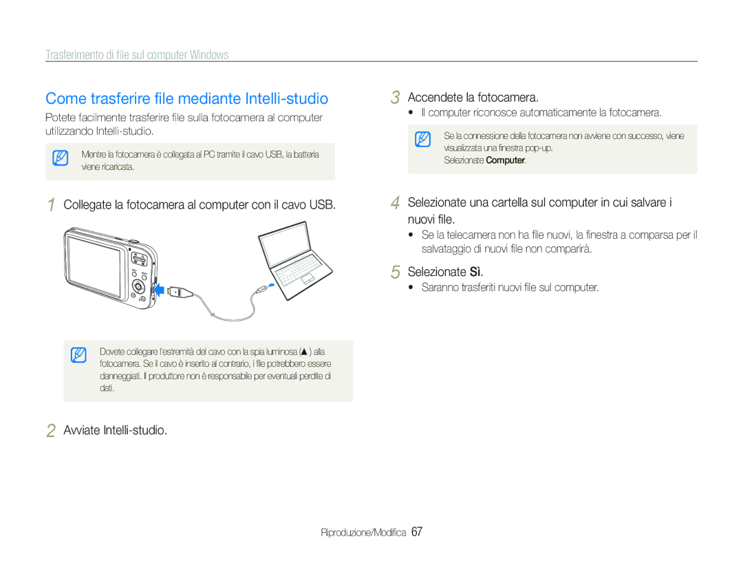 Samsung EC-PL21ZZBPBE3 Come trasferire file mediante Intelli-studio, Collegate la fotocamera al computer con il cavo USB 