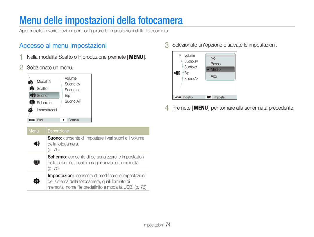 Samsung EC-PL21ZZBPPE1 manual Menu delle impostazioni della fotocamera, Accesso al menu Impostazioni, Selezionate un menu 