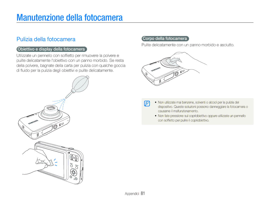 Samsung EC-PL20ZZBPSE1 manual Manutenzione della fotocamera, Pulizia della fotocamera, Obiettivo e display della fotocamera 