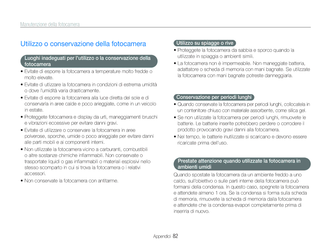 Samsung EC-PL21ZZBPSE3, EC-PL20ZZBPBE1 manual Utilizzo o conservazione della fotocamera, Manutenzione della fotocamera 