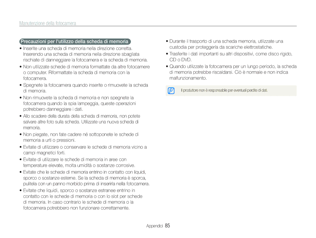 Samsung EC-PL21ZZBPBE3, EC-PL20ZZBPBE1, EC-PL20ZZBPPE1, EC-PL21ZZBPPE1 Precauzioni per lutilizzo della scheda di memoria 