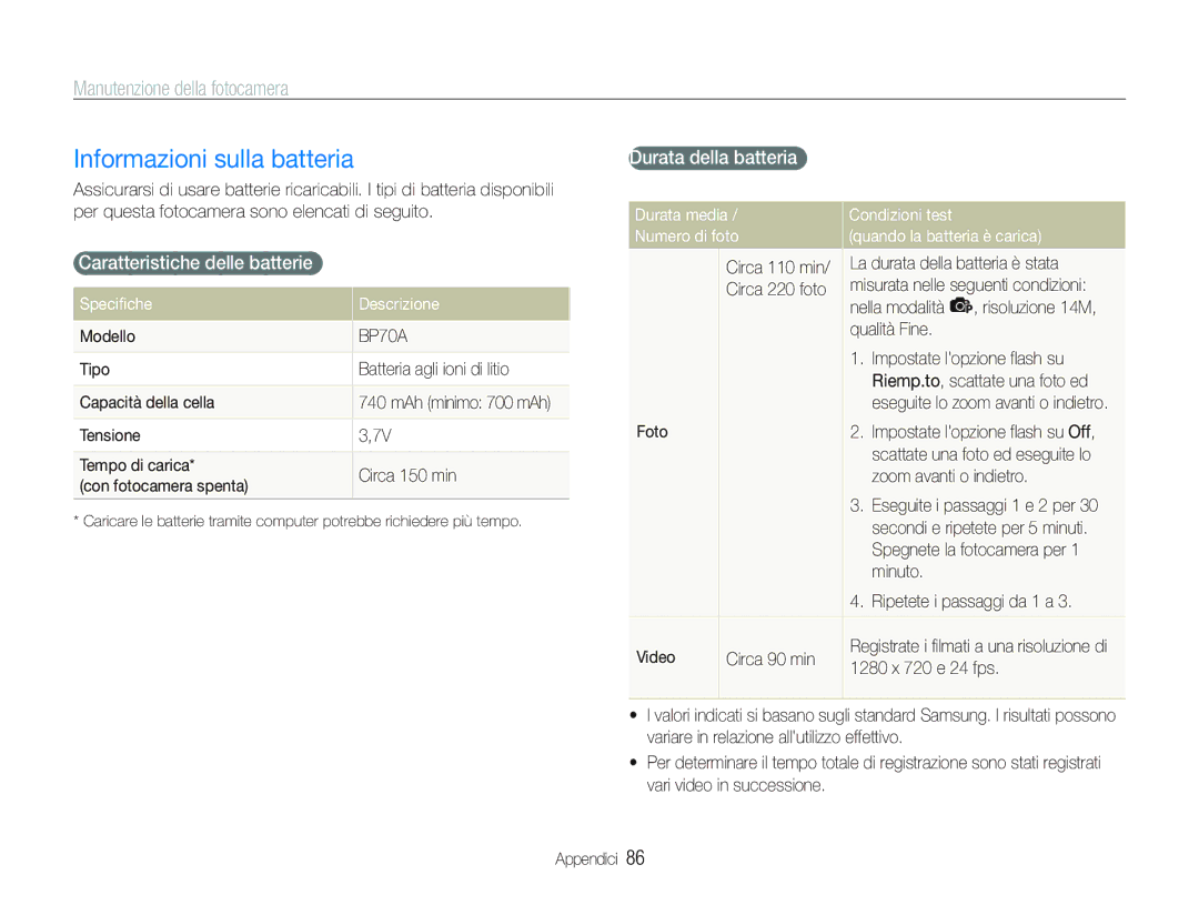 Samsung EC-PL21ZZBPPE1, EC-PL20ZZBPBE1 Informazioni sulla batteria, Durata della batteria, Caratteristiche delle batterie 